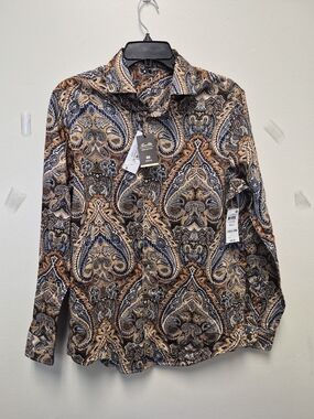 TC Men's Paisley Button-Down Shirt in Navy, Brown & Cream Tones